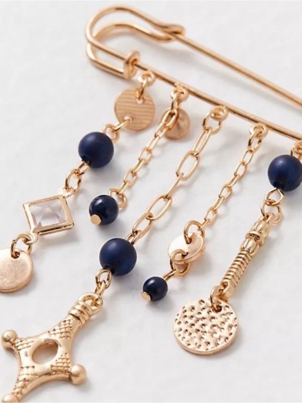 Free People Gold-Tone Brooch with Navy Blue black Beads and Dangles